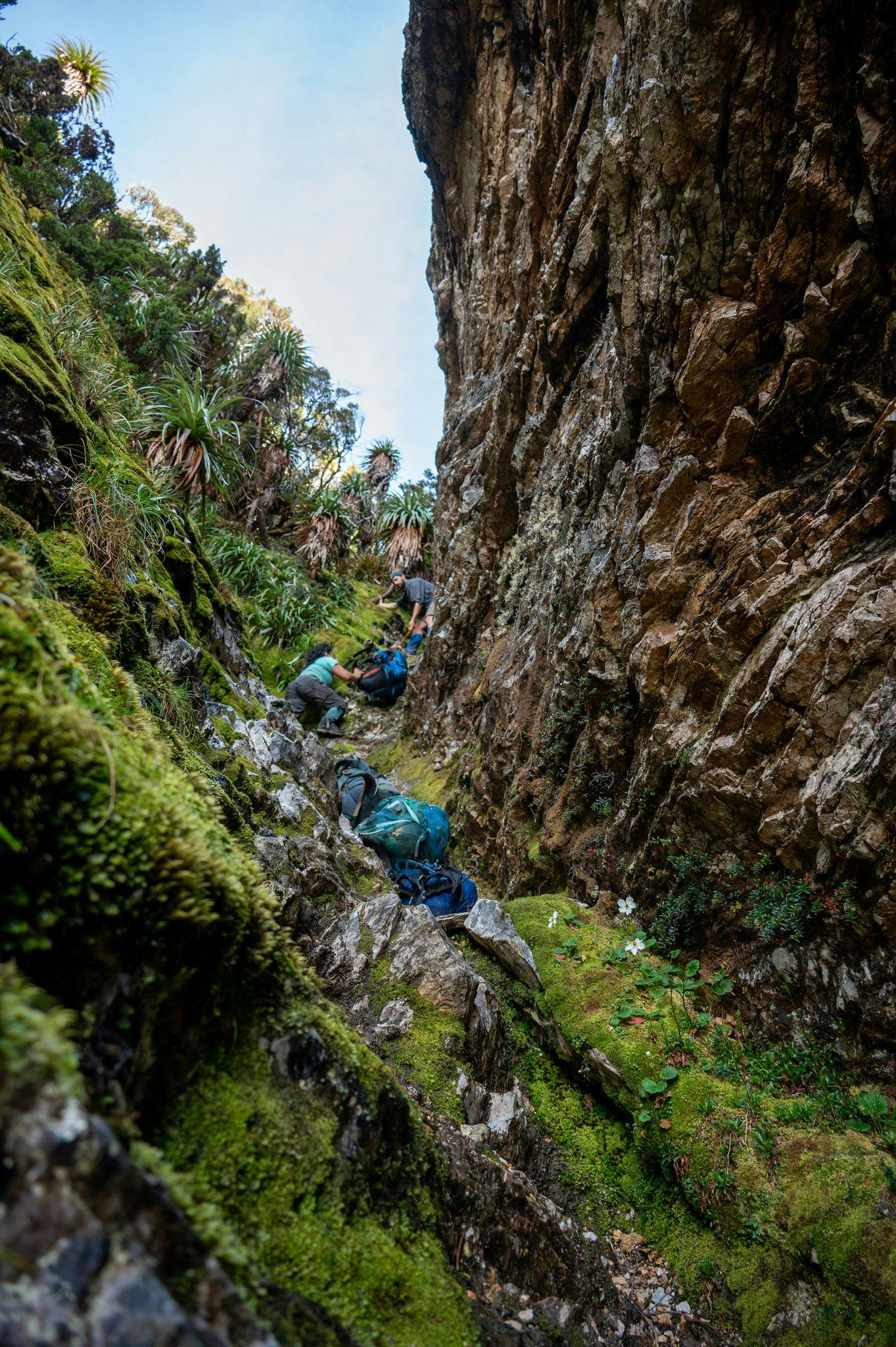 Slowly descending the Tilted Chasm by passing packs. Some opted to keep their packs on when descending. Photo Credit - Craig Pearce