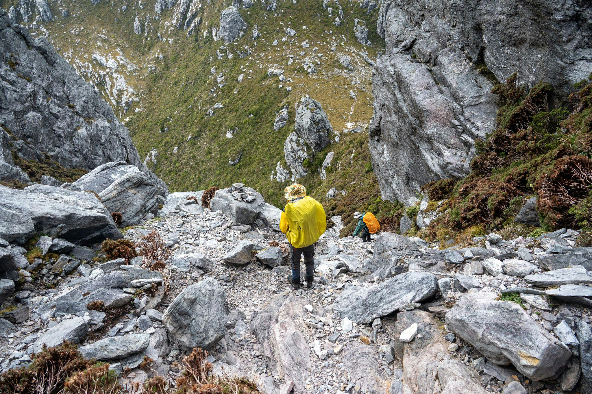 Descending Mt Pegasus. Crumbly scree and steep descents were a theme of the trip. Photo Credit - Craig Pearce